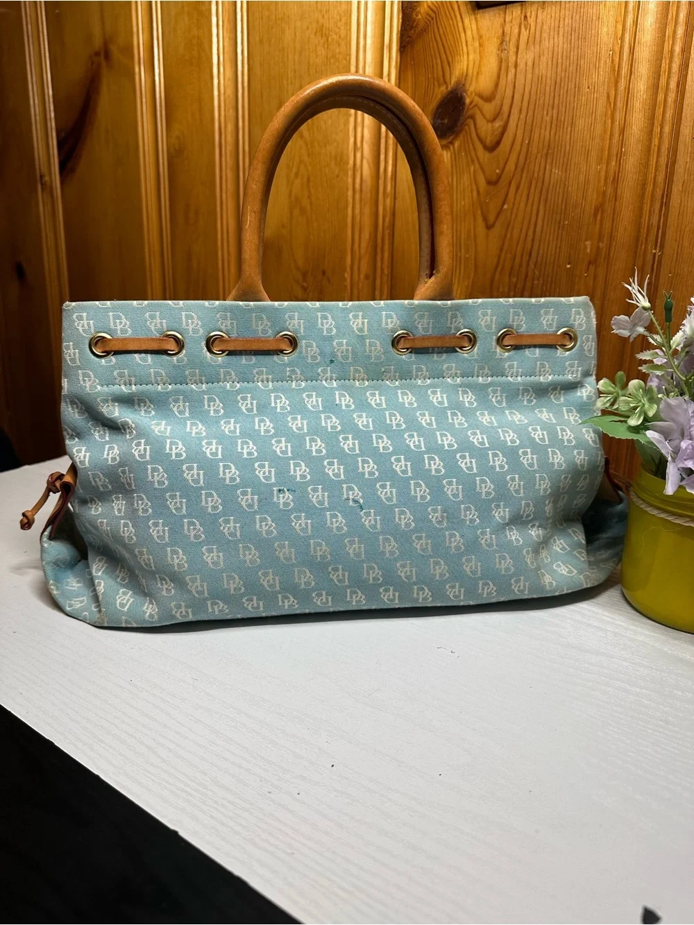 Dooney & Bourke Light Blue Monogram Drawstring Tote with Tan Trim